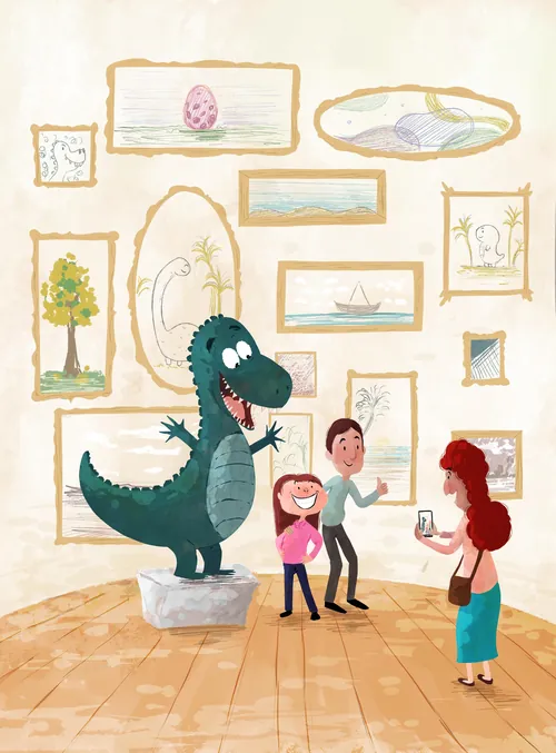 Niños posando junto a una estatua de dinosaurio en una galería de arte, una mujer tomando una foto, por Dalia Awad
