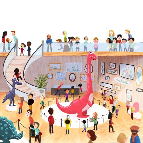 Children and adults viewing dinosaur displays in museum by Dalia Awad