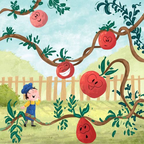 Boy admiring talking apples on a tree in garden by Dalia Awad