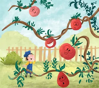 Boy admiring talking apples on a tree in garden by Dalia Awad
