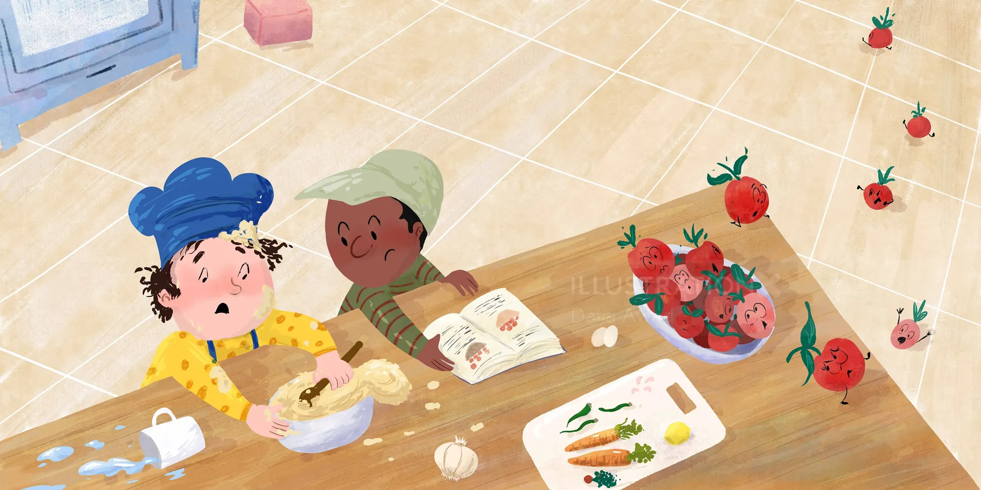 Two kids cooking with animated tomatoes jumping across table by Dalia Awad