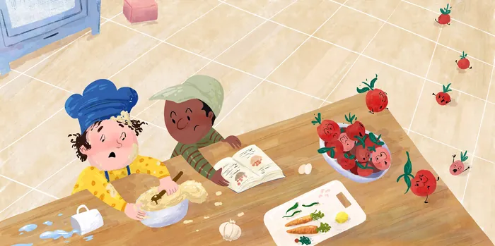 Two kids cooking with animated tomatoes jumping across table by Dalia Awad