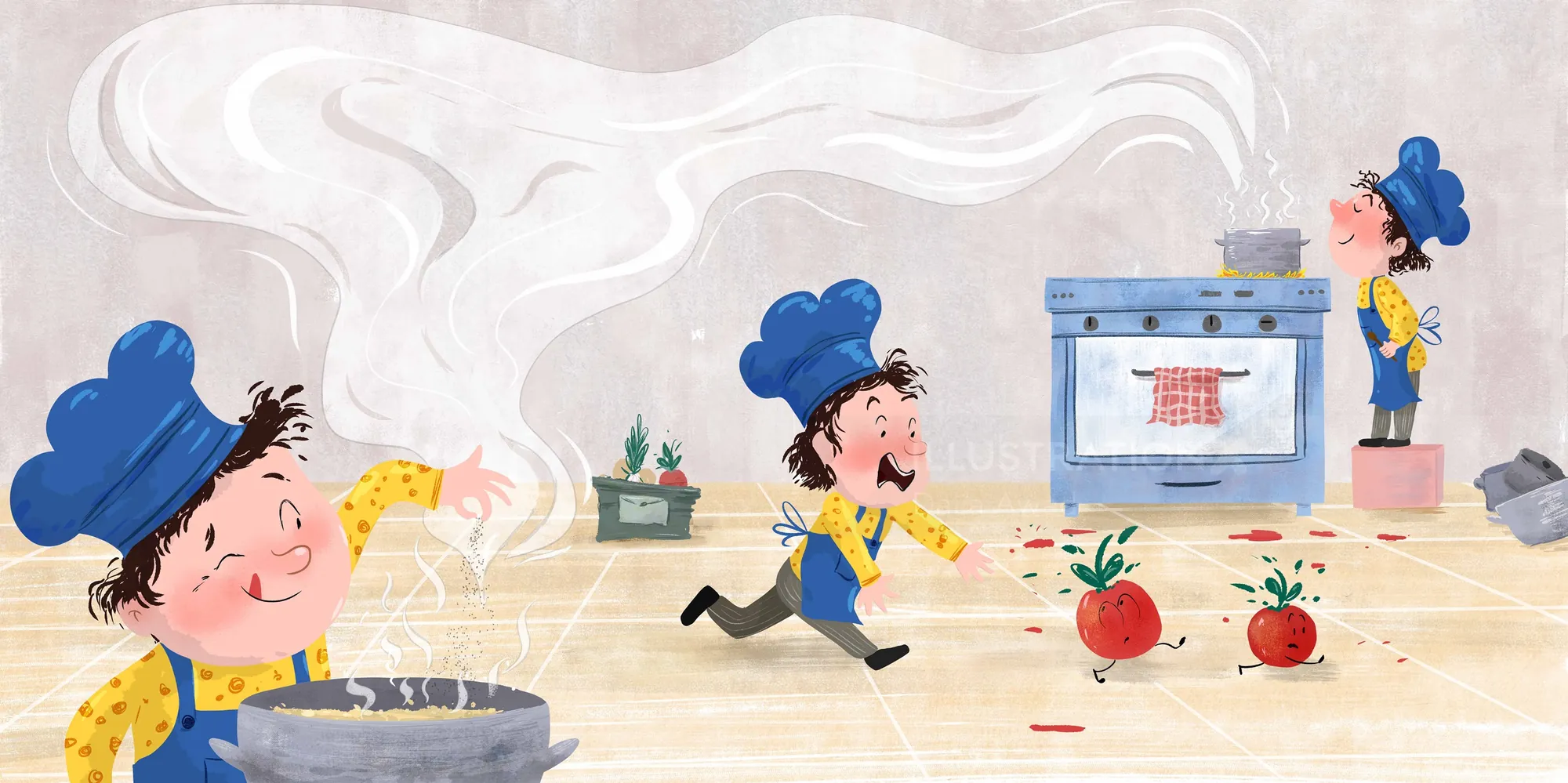Tres chefs de dibujos animados horneando y cocinando en una cocina por Dalia Awad