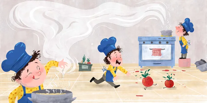 Three cartoon chefs baking and cooking in a kitchen by Dalia Awad