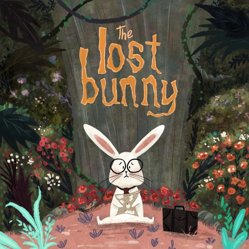 The Lost Bunny illustration with bunny wearing glasses in a forest by Dalia Awad