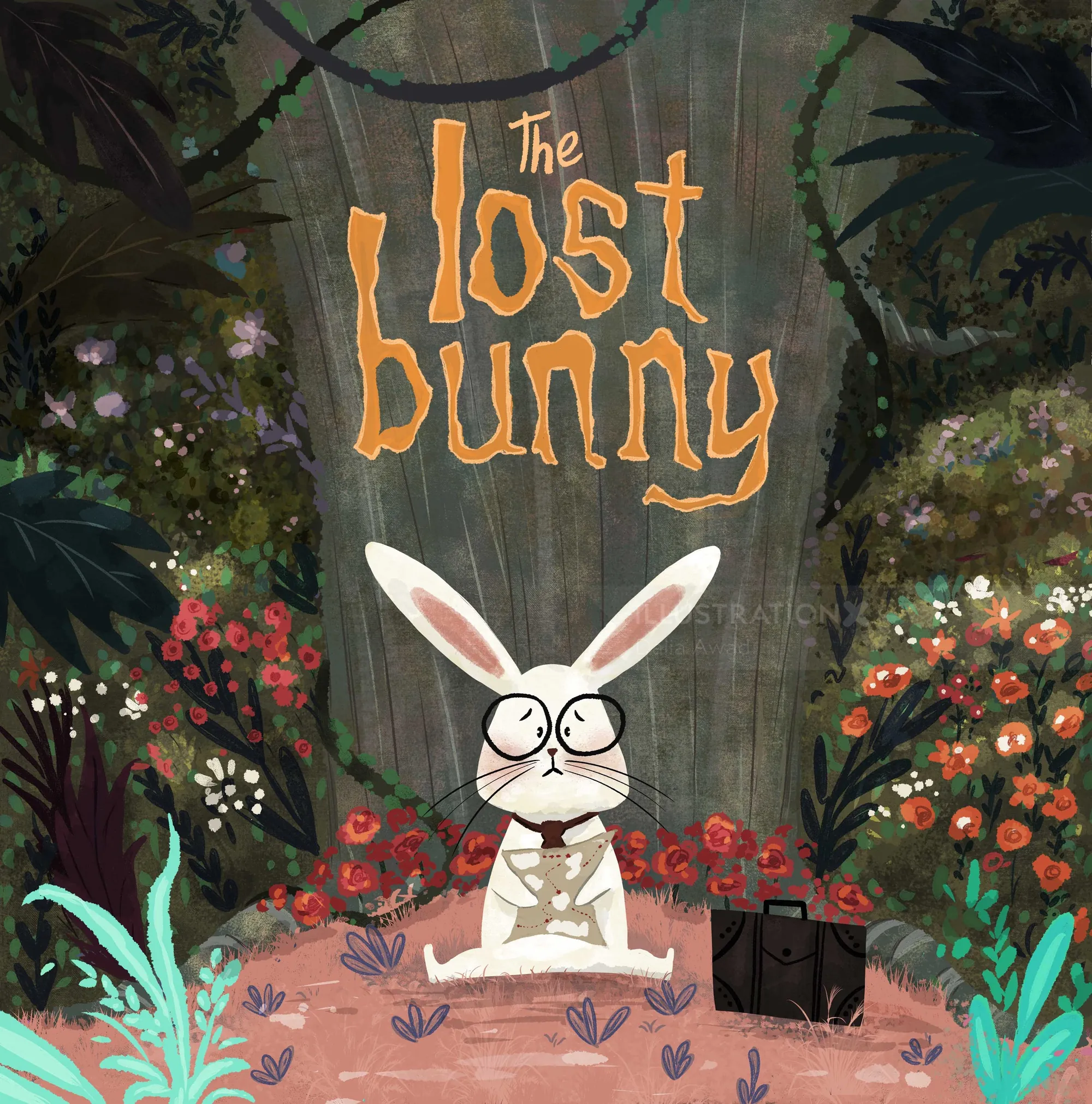 The Lost Bunny illustration with bunny wearing glasses in a forest by Dalia Awad