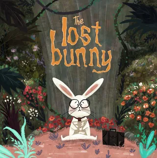 The Lost Bunny illustration with bunny wearing glasses in a forest by Dalia Awad