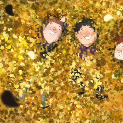 Three children playing in autumn leaves, illustration by Dalia Awad