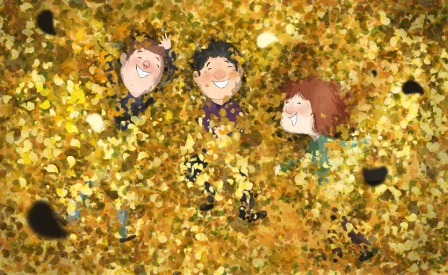 Three children playing in autumn leaves, illustration by Dalia Awad