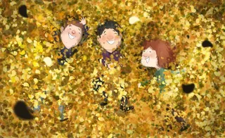 Three children playing in autumn leaves, illustration by Dalia Awad