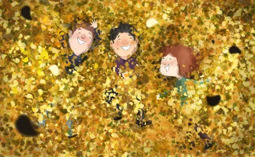 Tres niños jugando entre hojas de otoño, ilustración de Dalia Awad