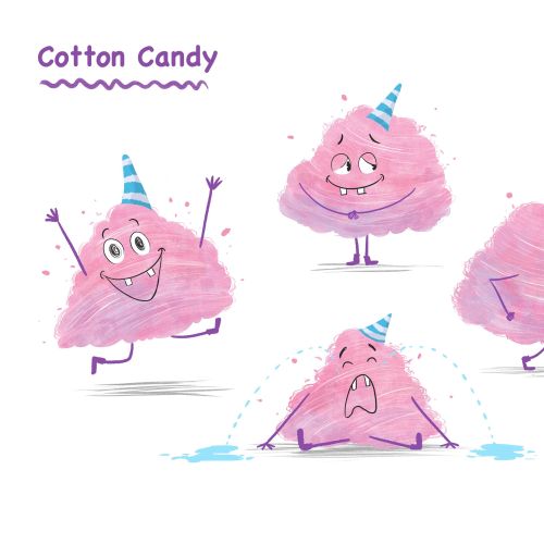 Four pink cotton candy characters with varied expressions by artist Dalia Awad