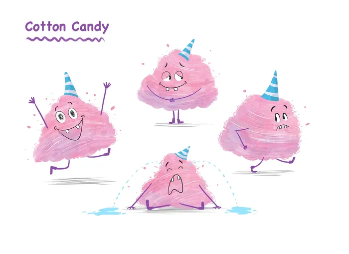 Four pink cotton candy characters with varied expressions by artist Dalia Awad