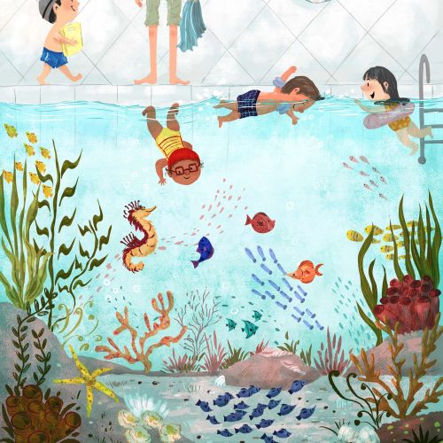 Children swimming and exploring colorful underwater sea creatures by Dalia Awad