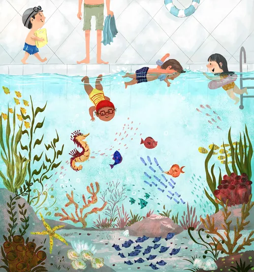 Niños nadando y explorando coloridas criaturas marinas bajo el agua por Dalia Awad