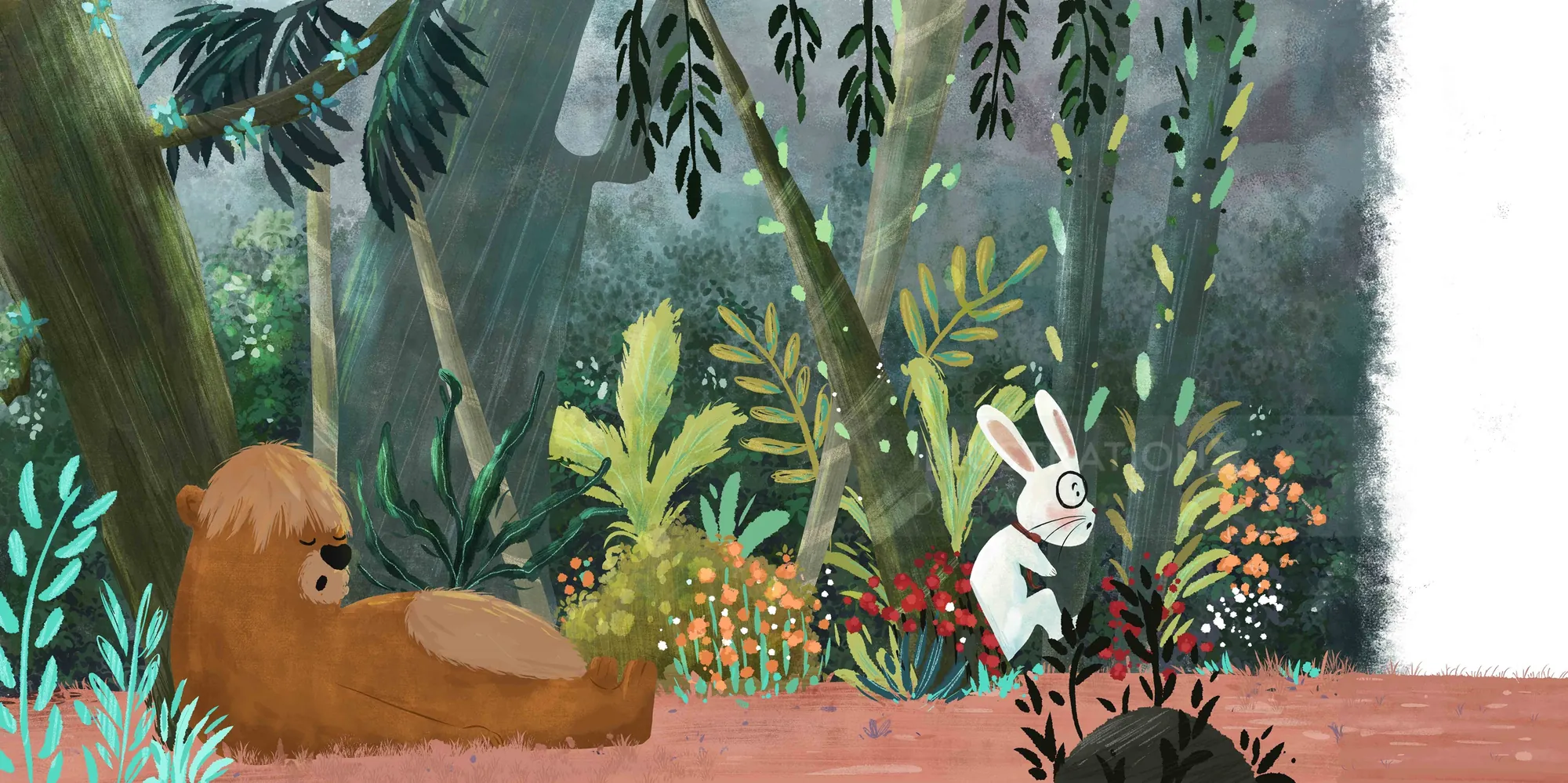 Illustration of rabbit with binoculars near resting bear in forest by Dalia Awad