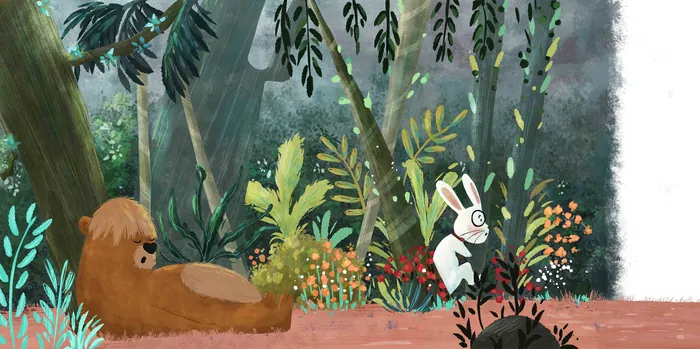 Illustration of rabbit with binoculars near resting bear in forest by Dalia Awad