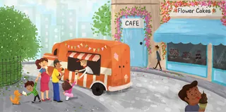 Street scene with food truck cafe and flower shop by Dalia Awad