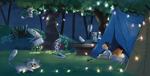 Niños acampando de noche con animales y colgando luces de colores.