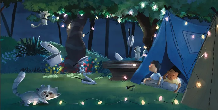 Kids camping at night with animals and hanging fairy lights