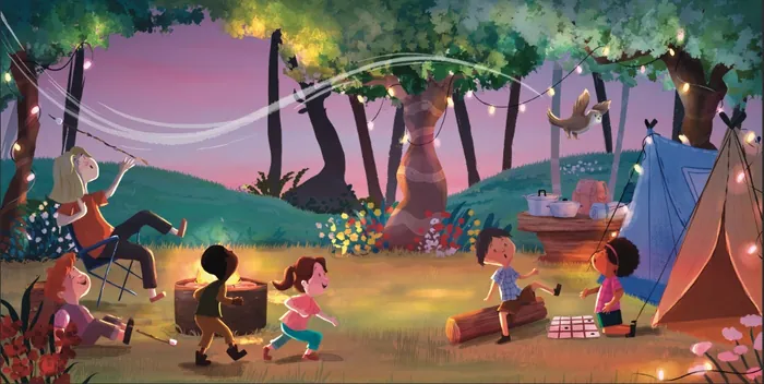 Kids playing and camping in forest with tents and string lights at dusk
