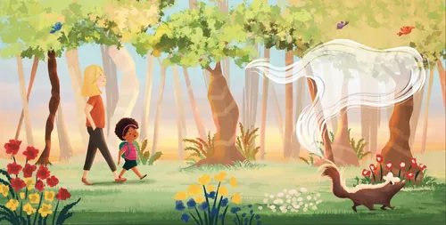 Una mujer y un niño caminan por el bosque mientras una ardilla lanza anillos de humo.