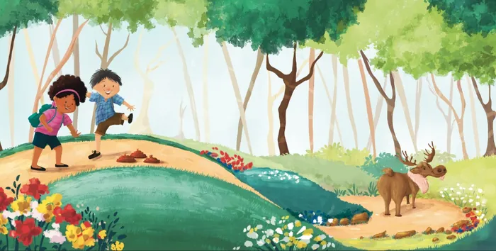 Two kids and a dog playing on a grassy forest path with flowers