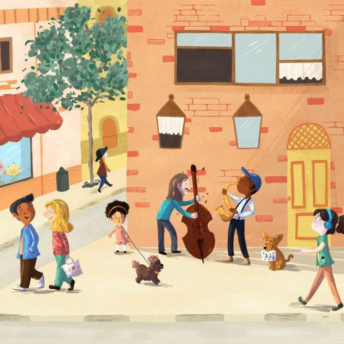 Street scene with people walking, musicians playing, and dogs nearby