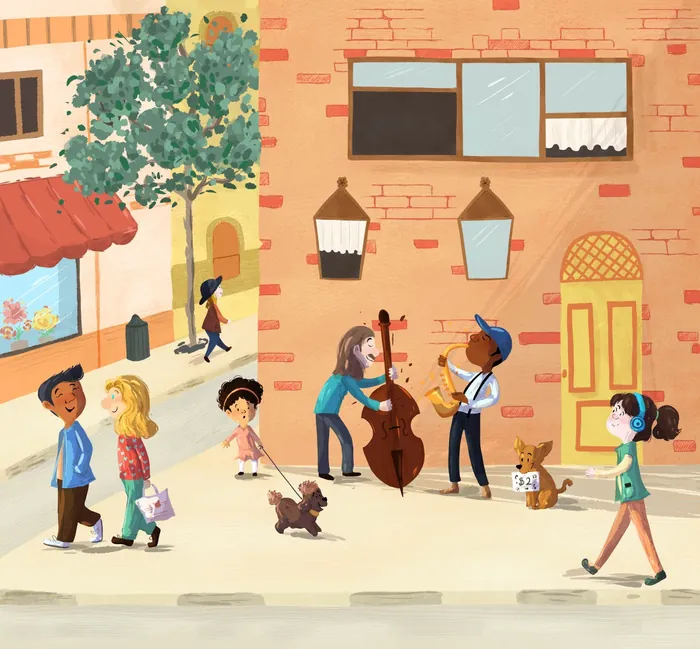 Street scene with people walking, musicians playing, and dogs nearby