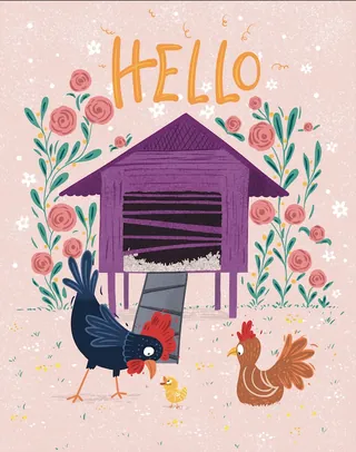 Black and brown chickens with a yellow chick near a purple coop