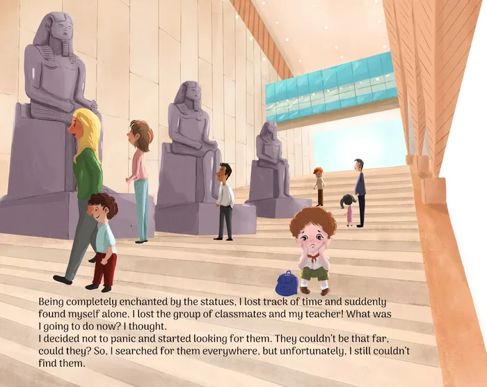 Visitors, including children, observing large statues inside museum hall