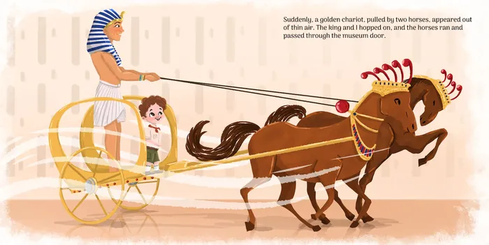 Pharaoh riding a golden chariot pulled by two horses