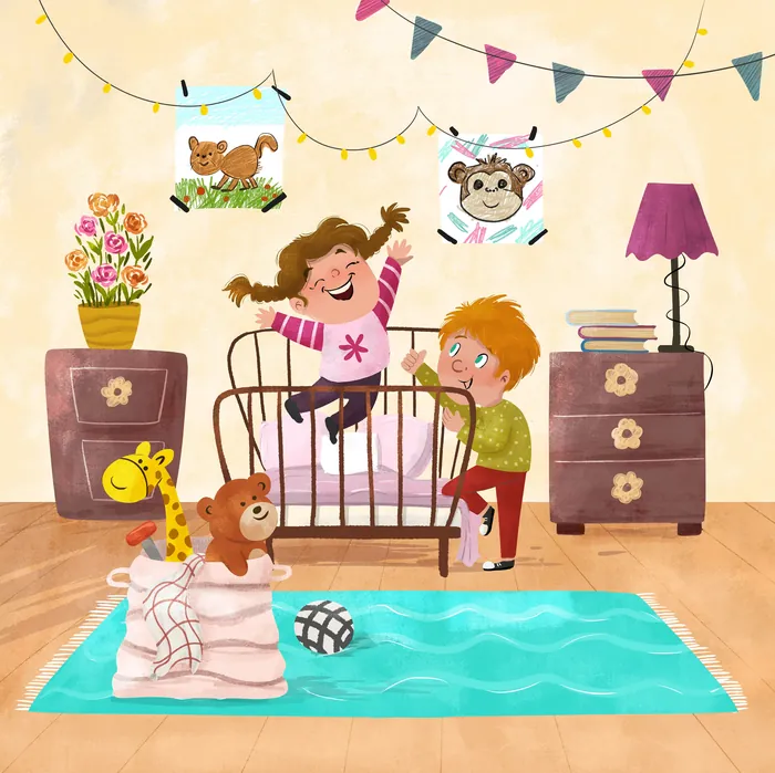 Two children playing on and near a crib in a decorated bedroom