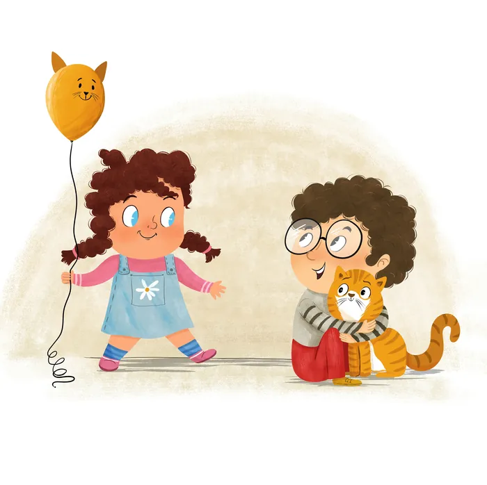 Girl with balloon and boy hugging a cat playing together