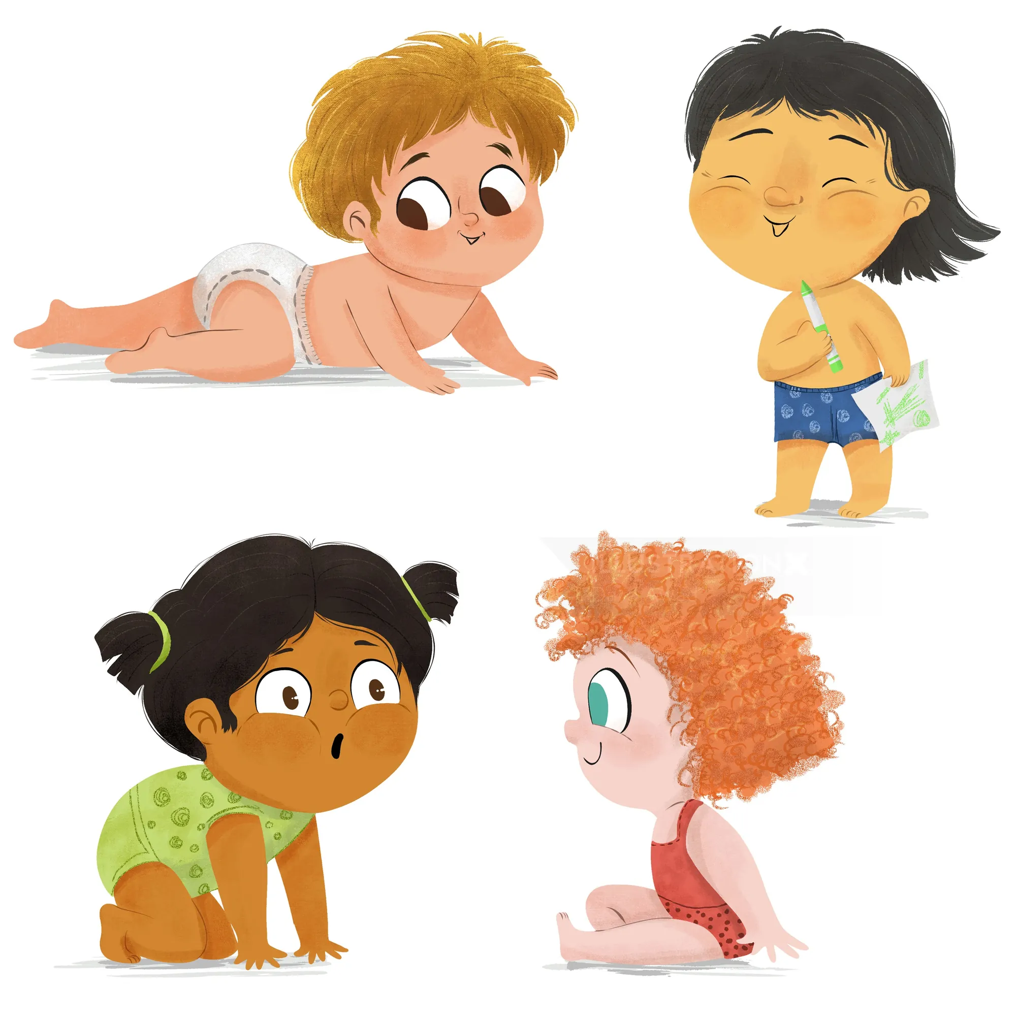 Cuatro niños pequeños con diferentes colores de pelo y piel que usan pañales y juegan