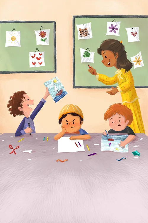 Maestra ayudando a los niños con manualidades de papel en el aula