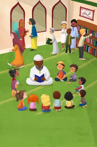 Teacher reading Quran to children sitting on mosque floor