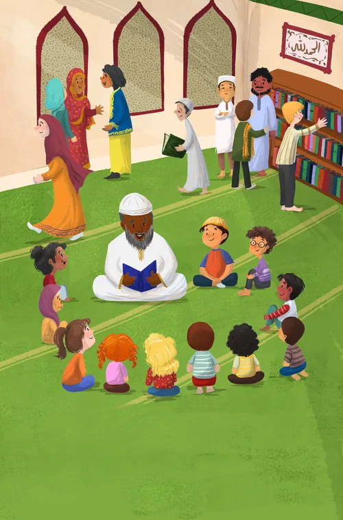 Teacher reading Quran to children sitting on mosque floor