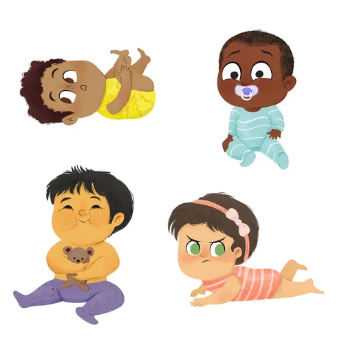 Cuatro bebés diversos con atuendos coloridos en varias poses.