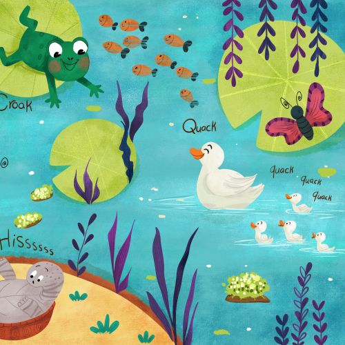 Illustration of a pond with frogs, fish, a duck, butterflies, and insects