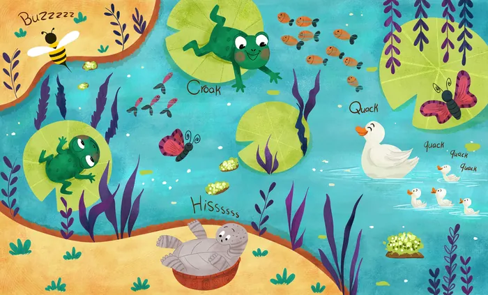 Illustration of a pond with frogs, fish, a duck, butterflies, and insects