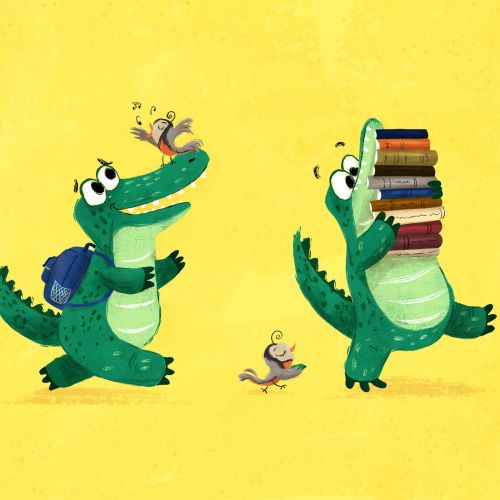 Three crocodiles with books and backpacks accompanied by small birds