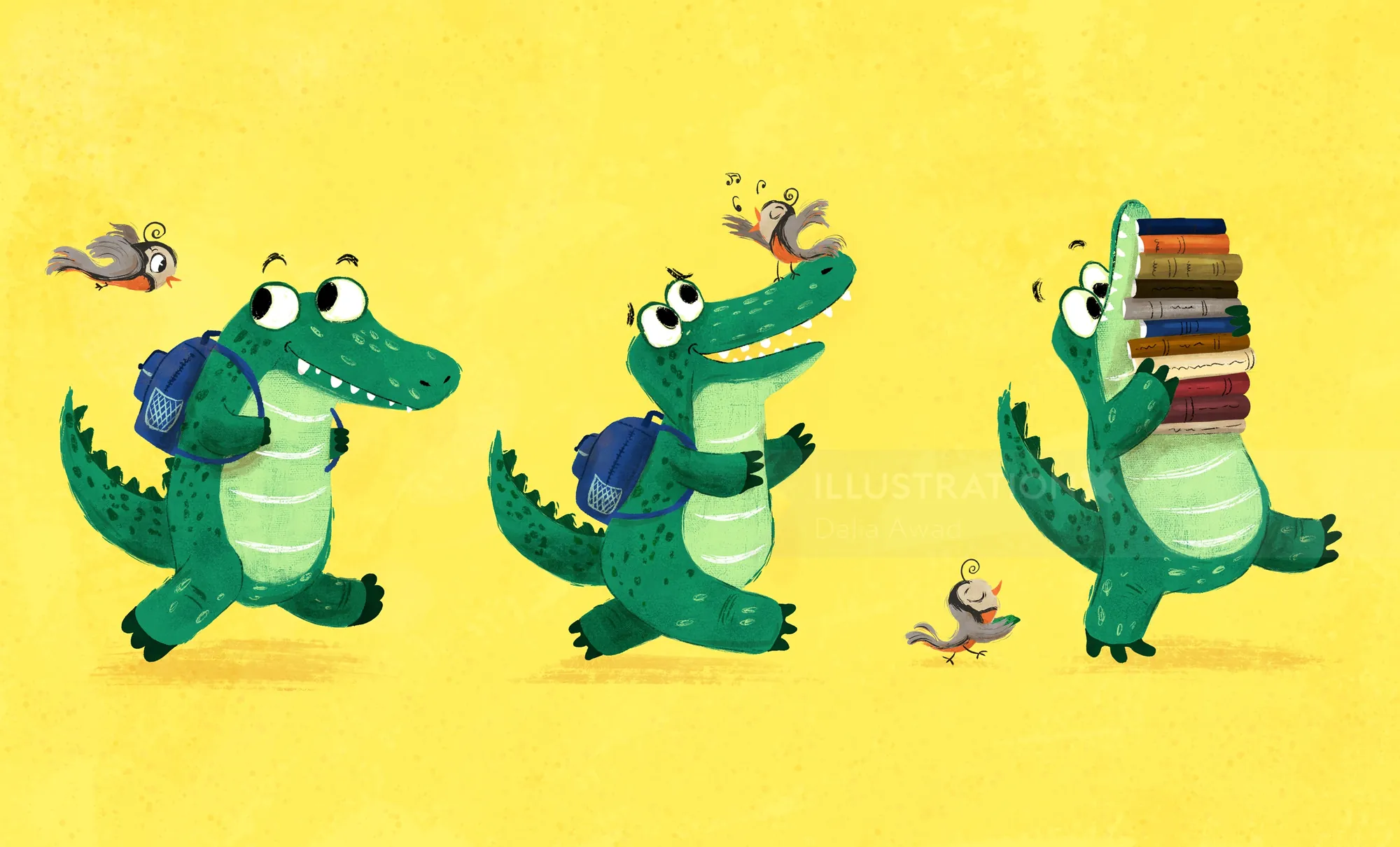 Three crocodiles with books and backpacks accompanied by small birds