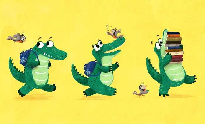 Three crocodiles with books and backpacks accompanied by small birds