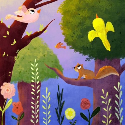 Illustration of birds, squirrel, and flowers in a bright forest