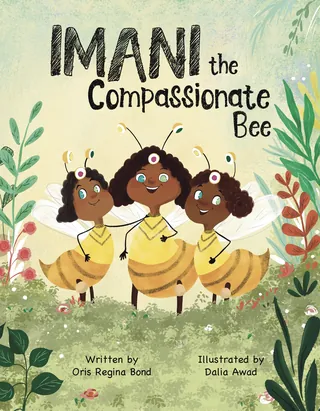 Three smiling bee characters with wings in a colorful garden