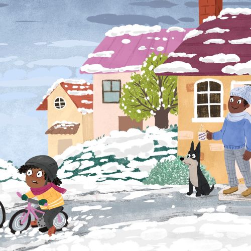 Two children racing bikes in snowy neighborhood with an adult and cat watching