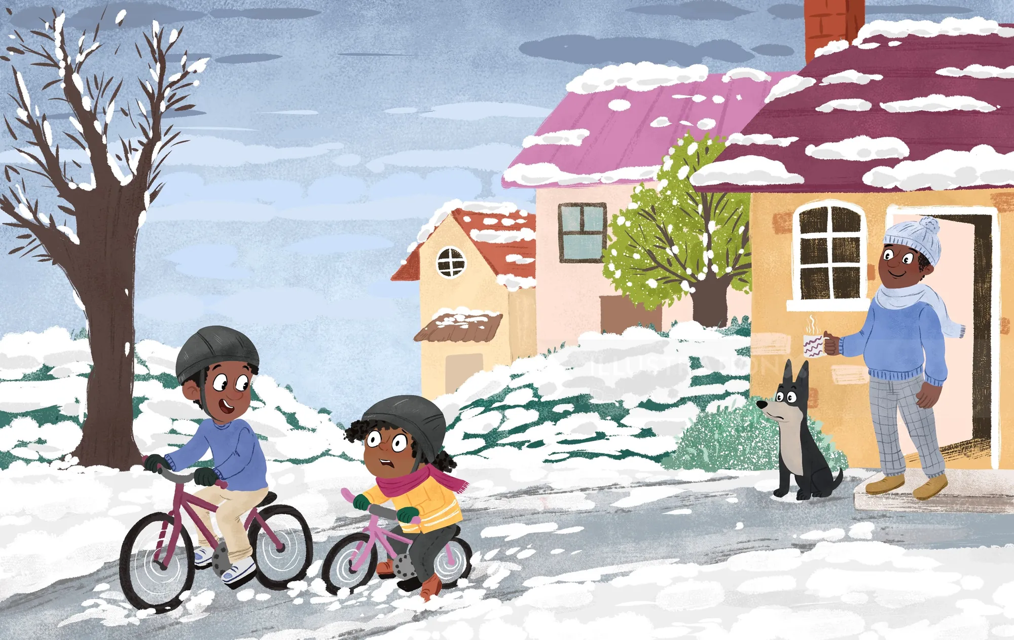 Dos niños corren en bicicleta en un vecindario nevado con un adulto y un gato observando