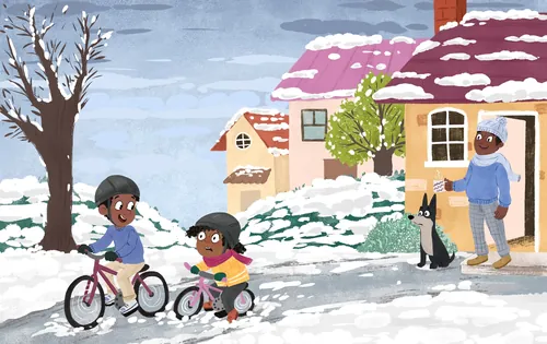 Dos niños corren en bicicleta en un vecindario nevado con un adulto y un gato observando