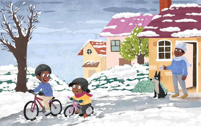 Two children racing bikes in snowy neighborhood with an adult and cat watching